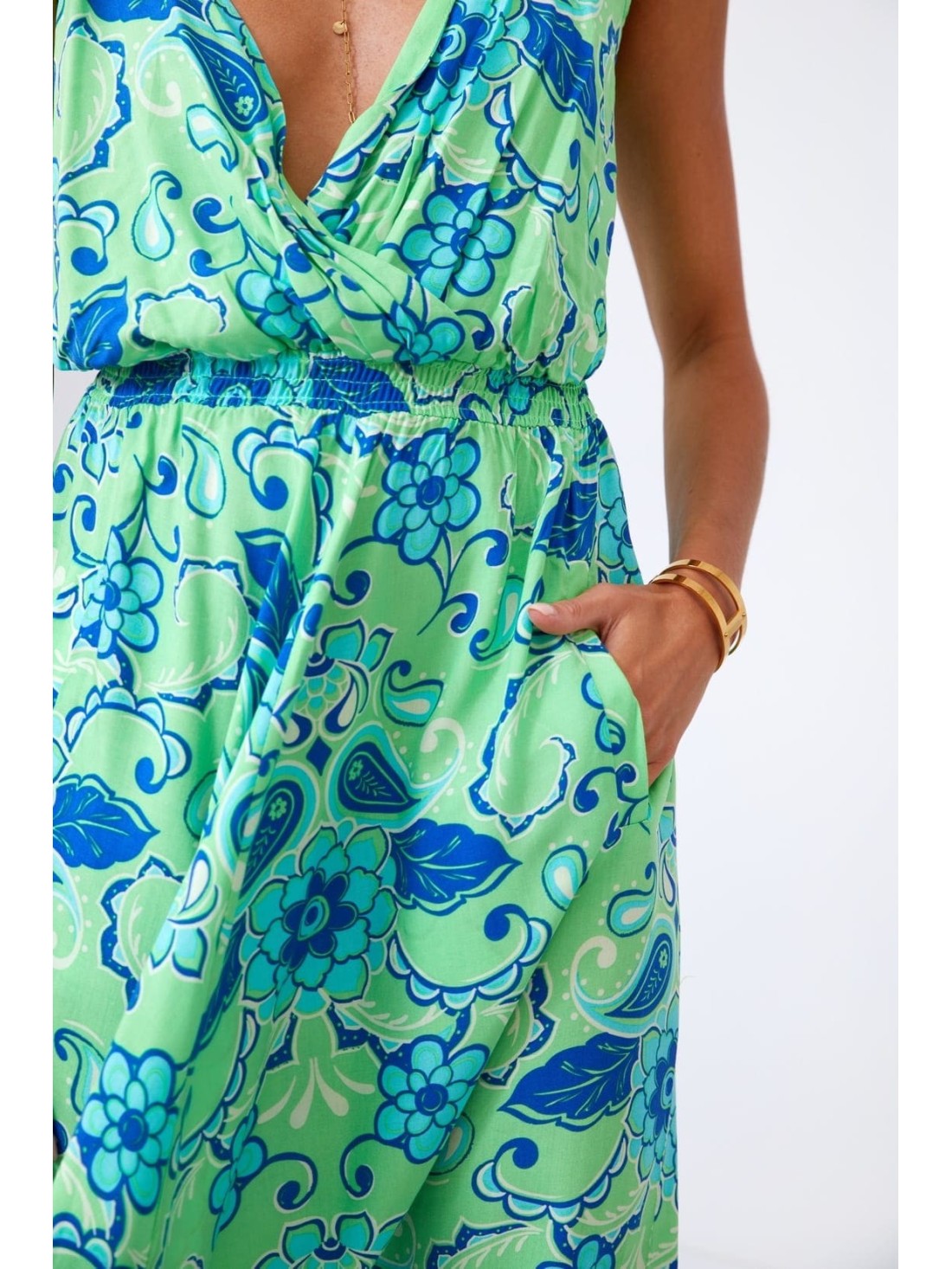 Patterned summer dress with straps, green 110600 - Online store - Boutique